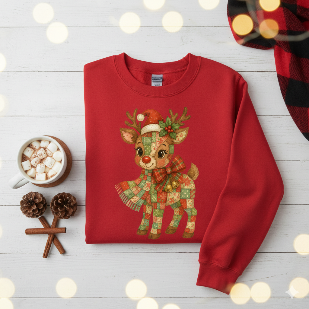 Cozy Patchwork Reindeer Christmas Sweatshirt | Vintage Holiday Crewneck