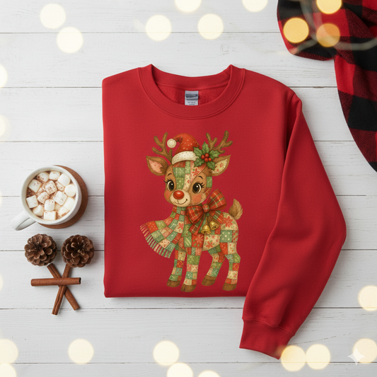 Cozy Patchwork Reindeer Christmas Sweatshirt | Vintage Holiday Crewneck
