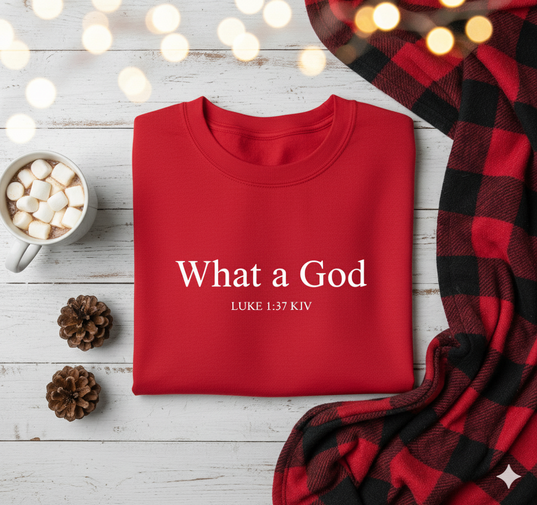 "What a God" Hunter Green KJV Christian Sweatshirt | Luke 1:37 Faith Apparel