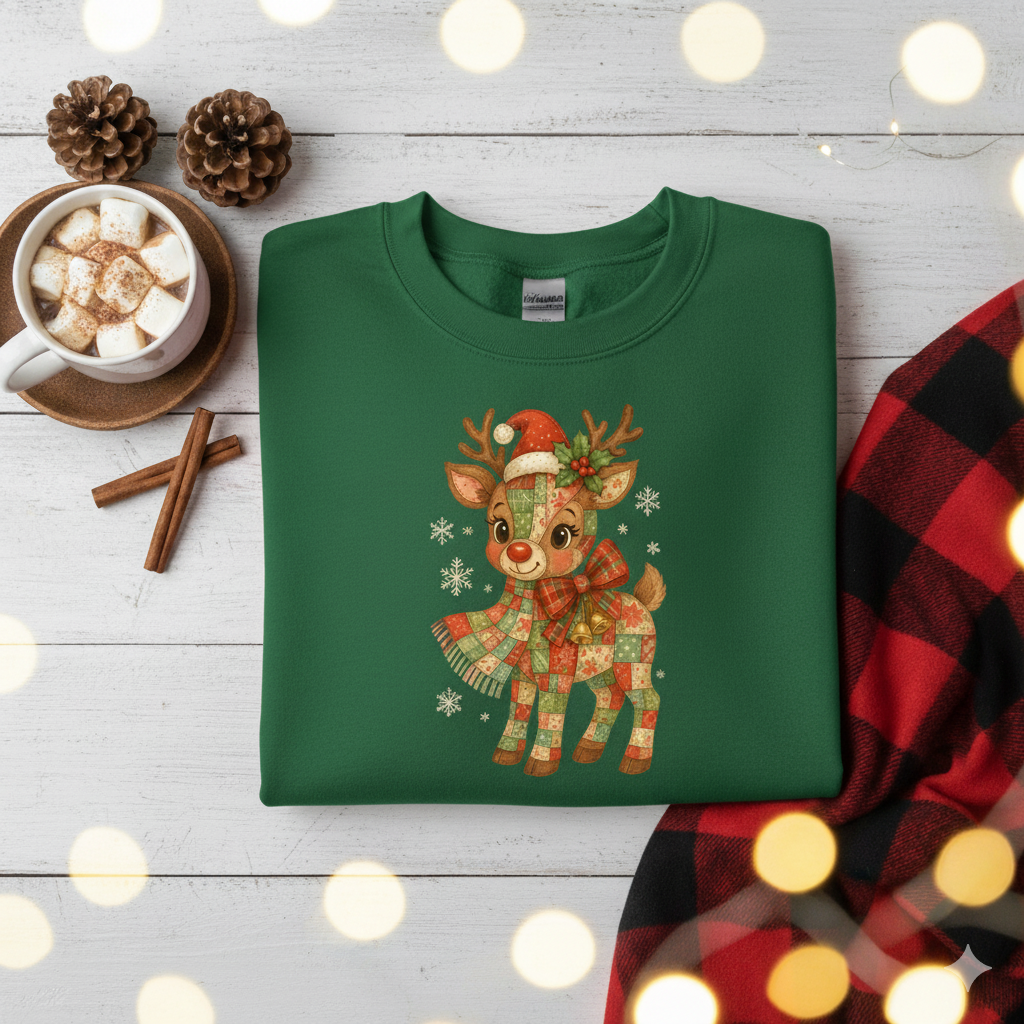 Cozy Patchwork Reindeer Christmas Sweatshirt | Vintage Holiday Crewneck