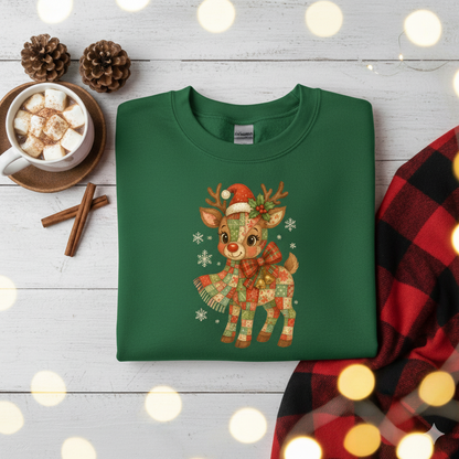 Cozy Patchwork Reindeer Christmas Sweatshirt | Vintage Holiday Crewneck