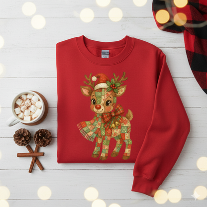 Cozy Patchwork Reindeer Christmas Sweatshirt | Vintage Holiday Crewneck